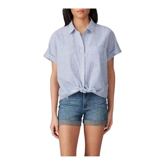 DL1961 Chrystie Street Top Blouse Tie Front Blue White Stripe Linen Blend Size M - Picture 1 of 7